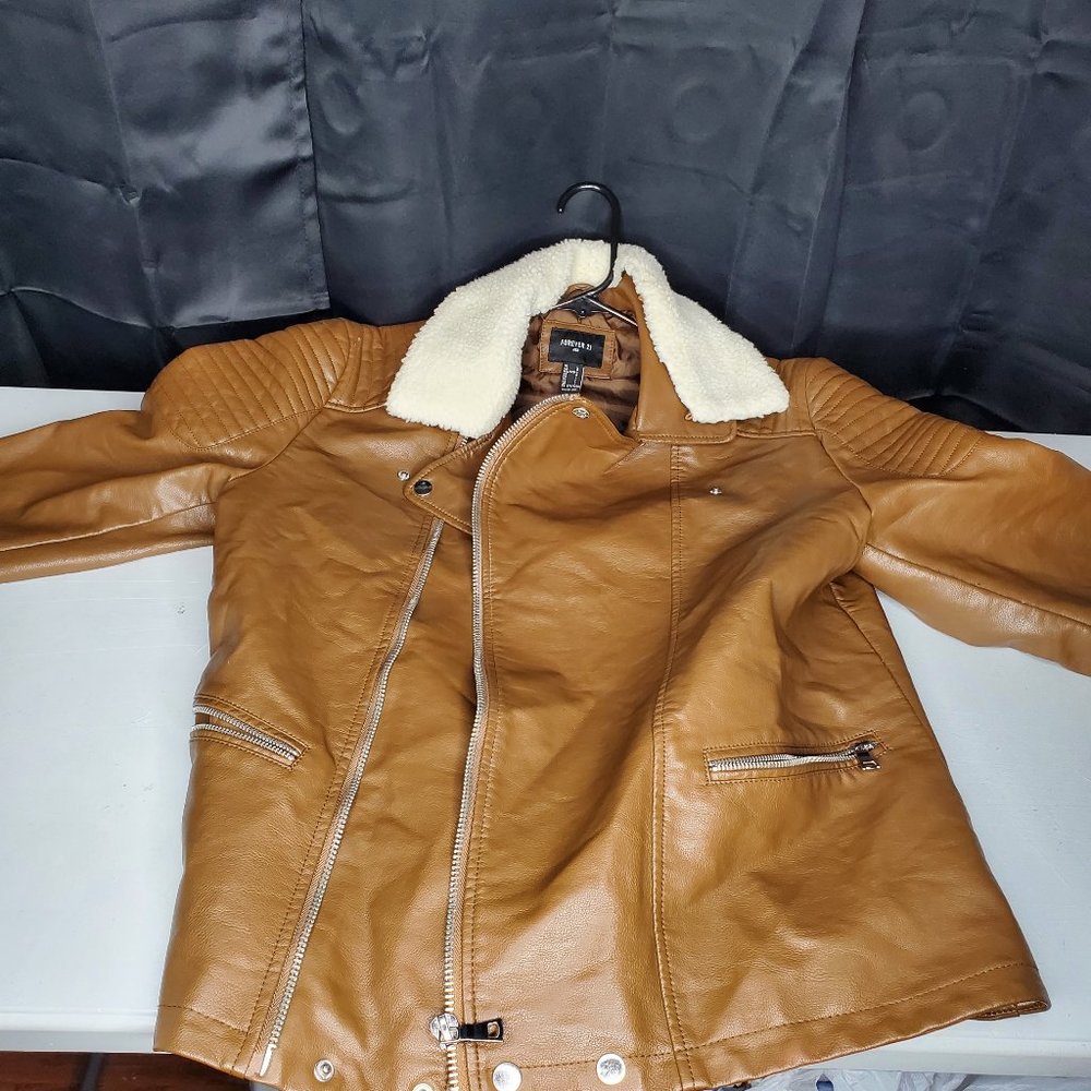 Forever 21 Men Caramel Brown Faux Leather Bomber Jacket Sherpa Collar L